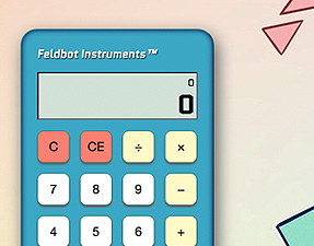 Calculator ready for input atop a colorful geometric background.
